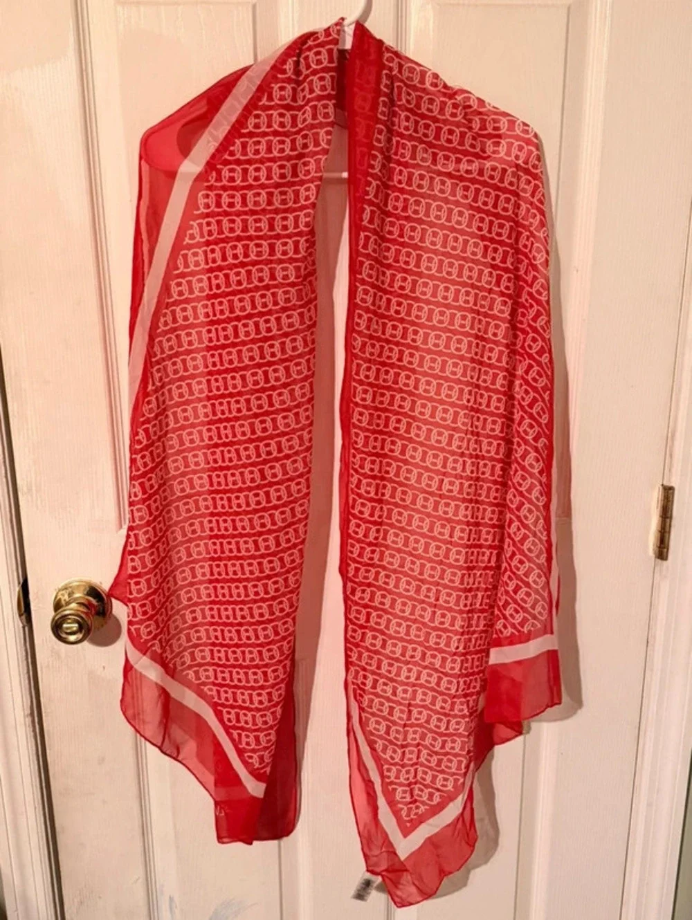 Calvin Klein Chain Print Vibrant Red Chiffon Old Money Chic Scarf